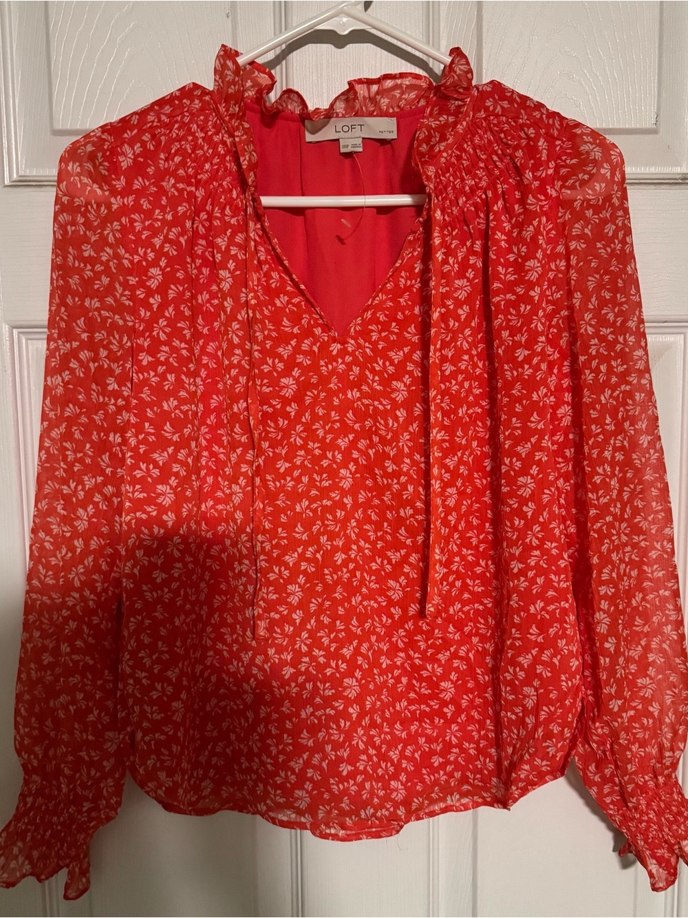 LOFT Petites XXSP Red Floral Ruffle Neck Long Sleeve Blouse